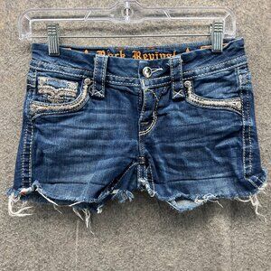 Rock Revival Shorts Women 23 Blue Denim Distressed Embroidered Pockets Yara Y2K
